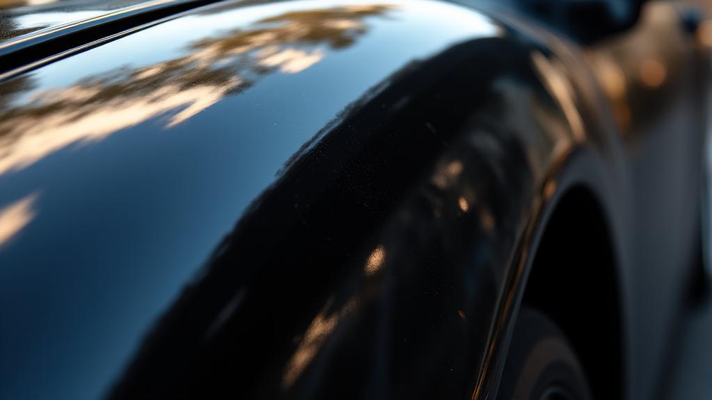 深く磨き上げられ傷一つない鏡面加工された黒い車の塗装面