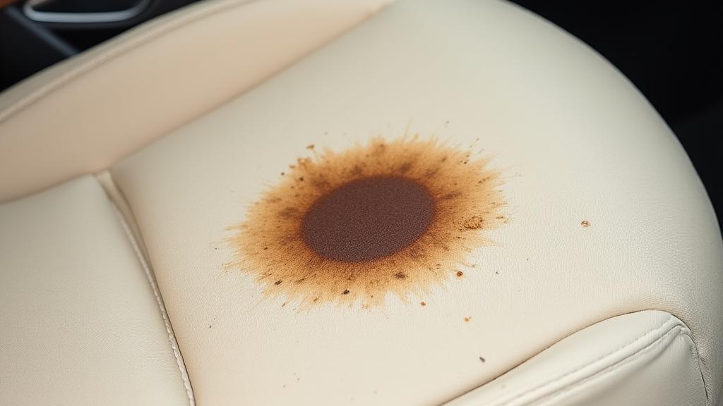 ベージュの車の布製シートにコーヒーのシミが付着している