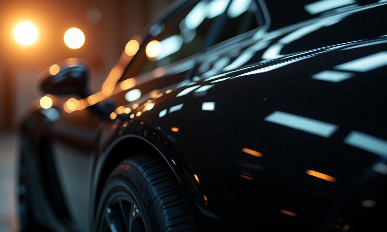 美しく磨かれた黒い車のクローズアップ。ガレージ内でスポットライトを浴びて輝いている。新車のような輝き。