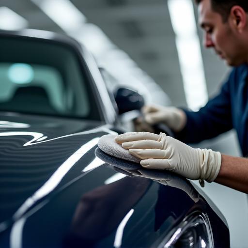 専門スタッフが車のボディを丁寧に磨いている様子