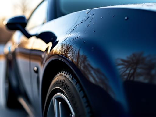 深い艶を持つ車の側面がガラスコーティングされている様子