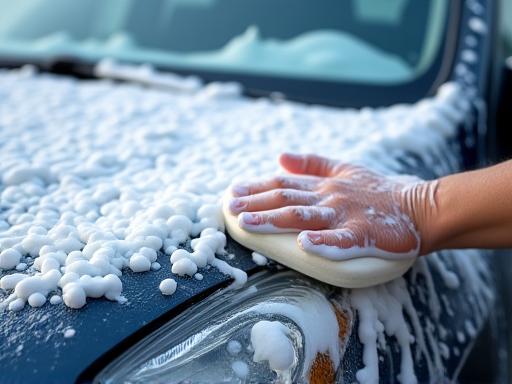 泡立てられた白い車が丁寧に手洗いされている様子