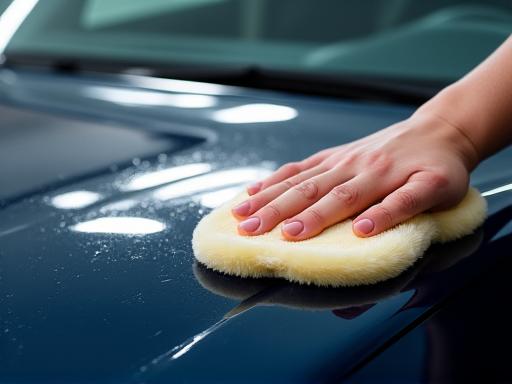 車のボンネットにワックスが塗布され、深く艶めいている様子