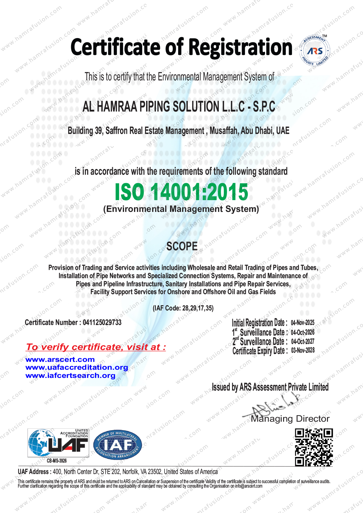 AL-HAMRAA-PIPING-SOLUTION---ISO-14001---2025---2026