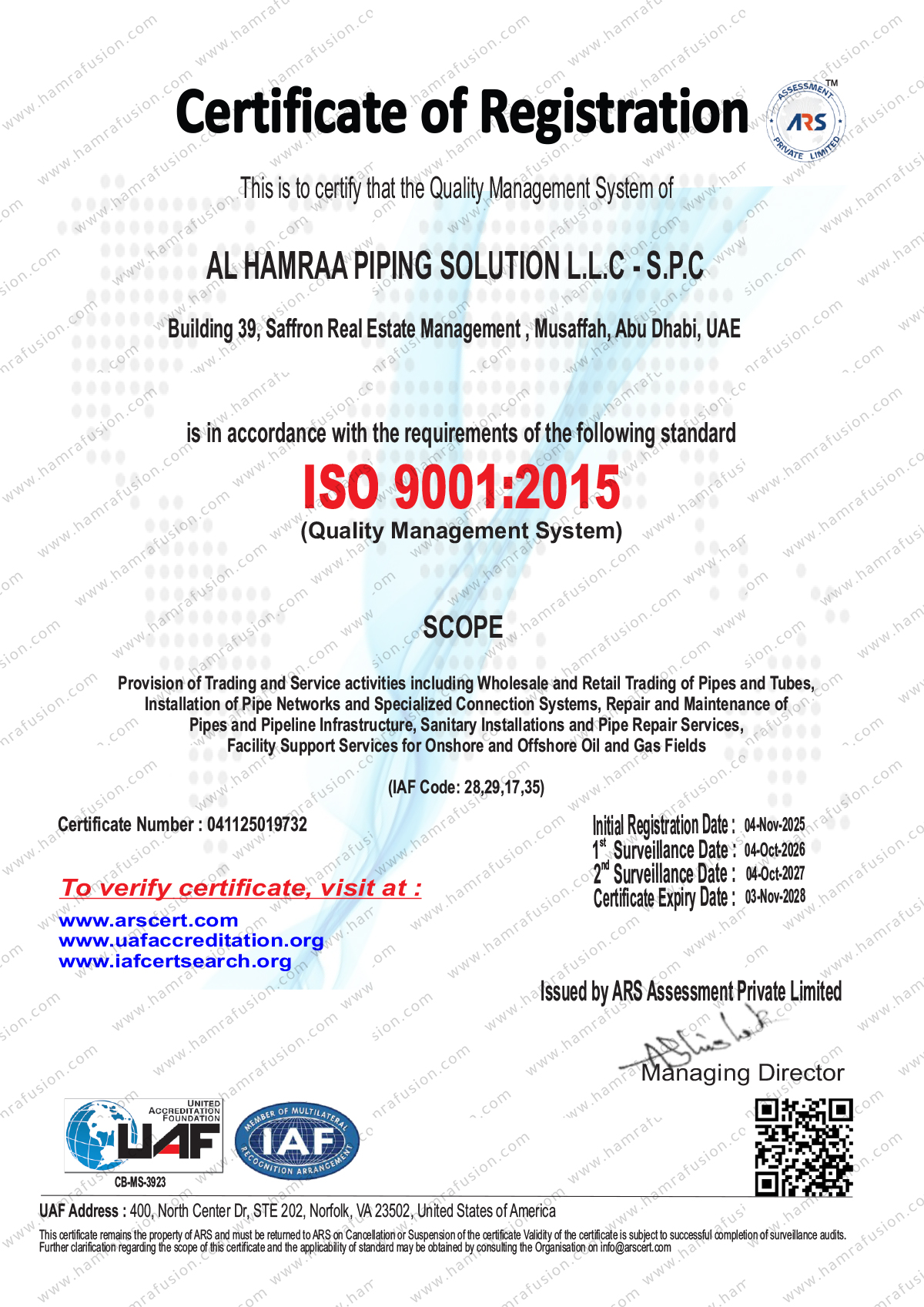 AL-HAMRAA-PIPING-SOLUTION---ISO-9001---2025---2026